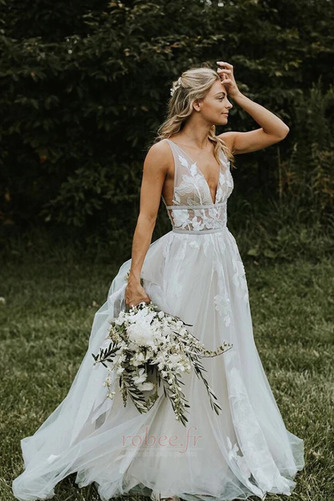 Robe de mariage Col en V Foncé Traîne Courte Sans Manches Dentelle - Page 1