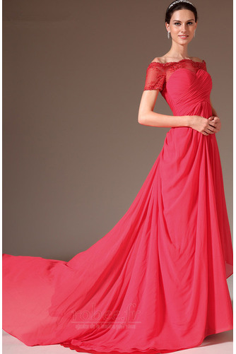 Robe de soirée aligne Mousseline Poire Rosée épaule Montrer Fourreau plissé - Page 3