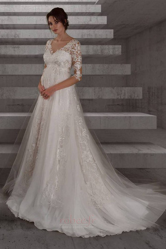 Robe de mariée Taille haute Col en V Foncé Manche Aérienne Dentelle - Page 1