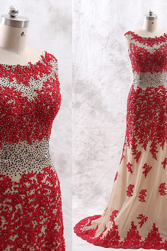 Robe de soirée Tulle Col Bateau Haute Couvert Perle A-ligne Mince - Page 3