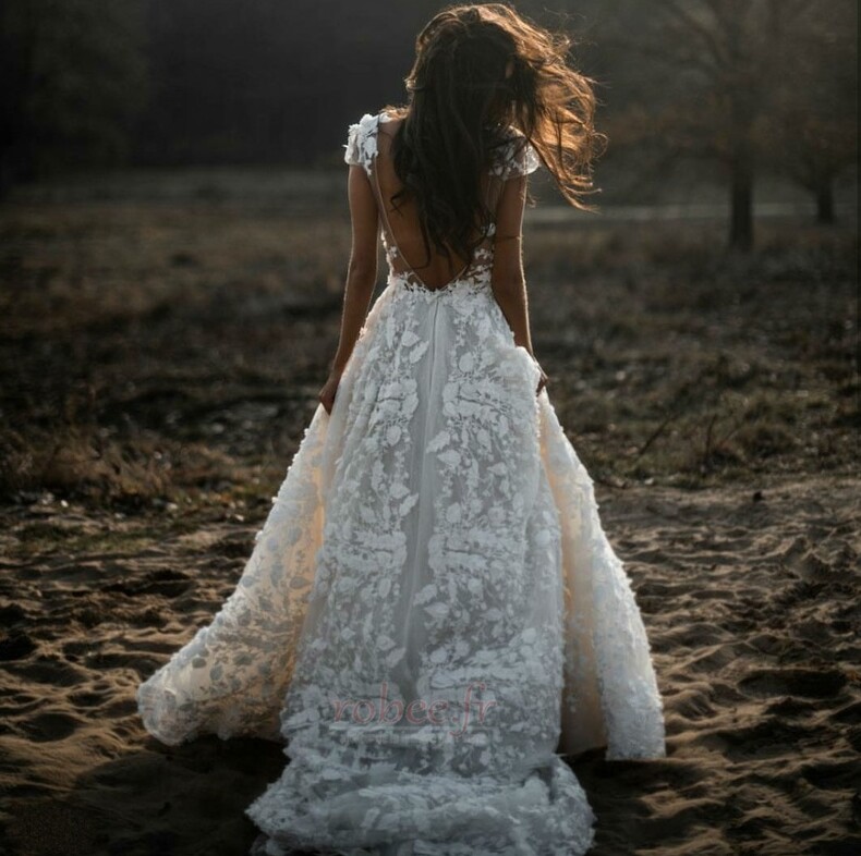 Robe de mariée Sans Manches Naturel taille Col en V Romantique 3